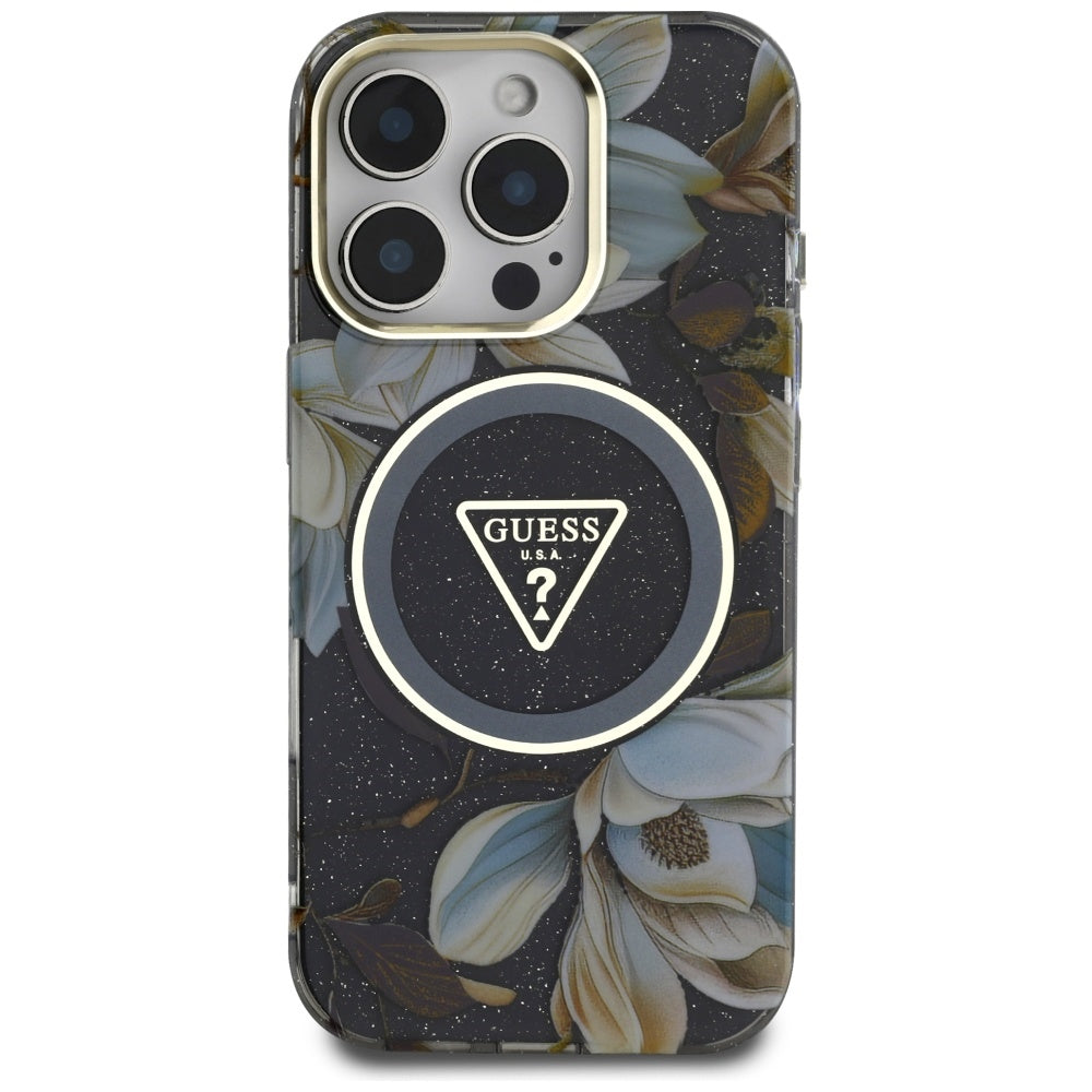 Ovitek MagSafe za Apple iPhone 16 Pro Max, Guess, IML Metal Glitter Flowers Triangle, črn