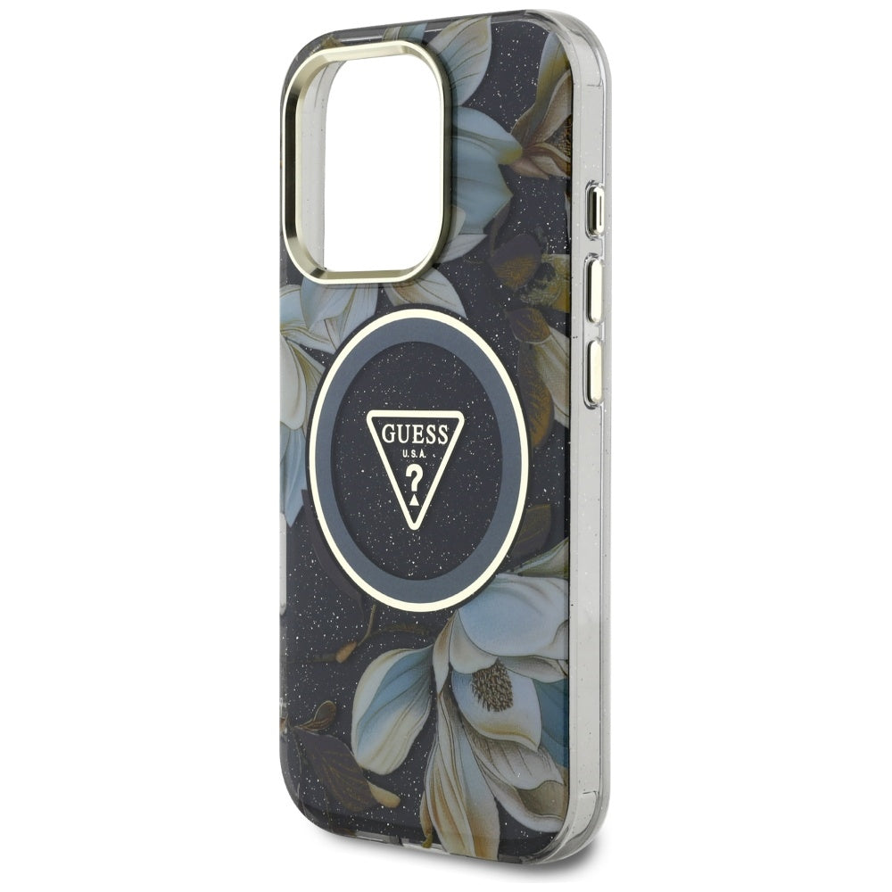 Ovitek MagSafe za Apple iPhone 16 Pro Max, Guess, IML Metal Glitter Flowers Triangle, črn