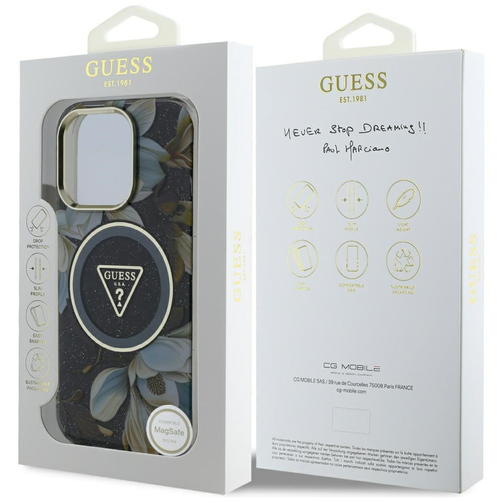 Ovitek MagSafe za Apple iPhone 16 Pro Max, Guess, IML Metal Glitter Flowers Triangle, črn