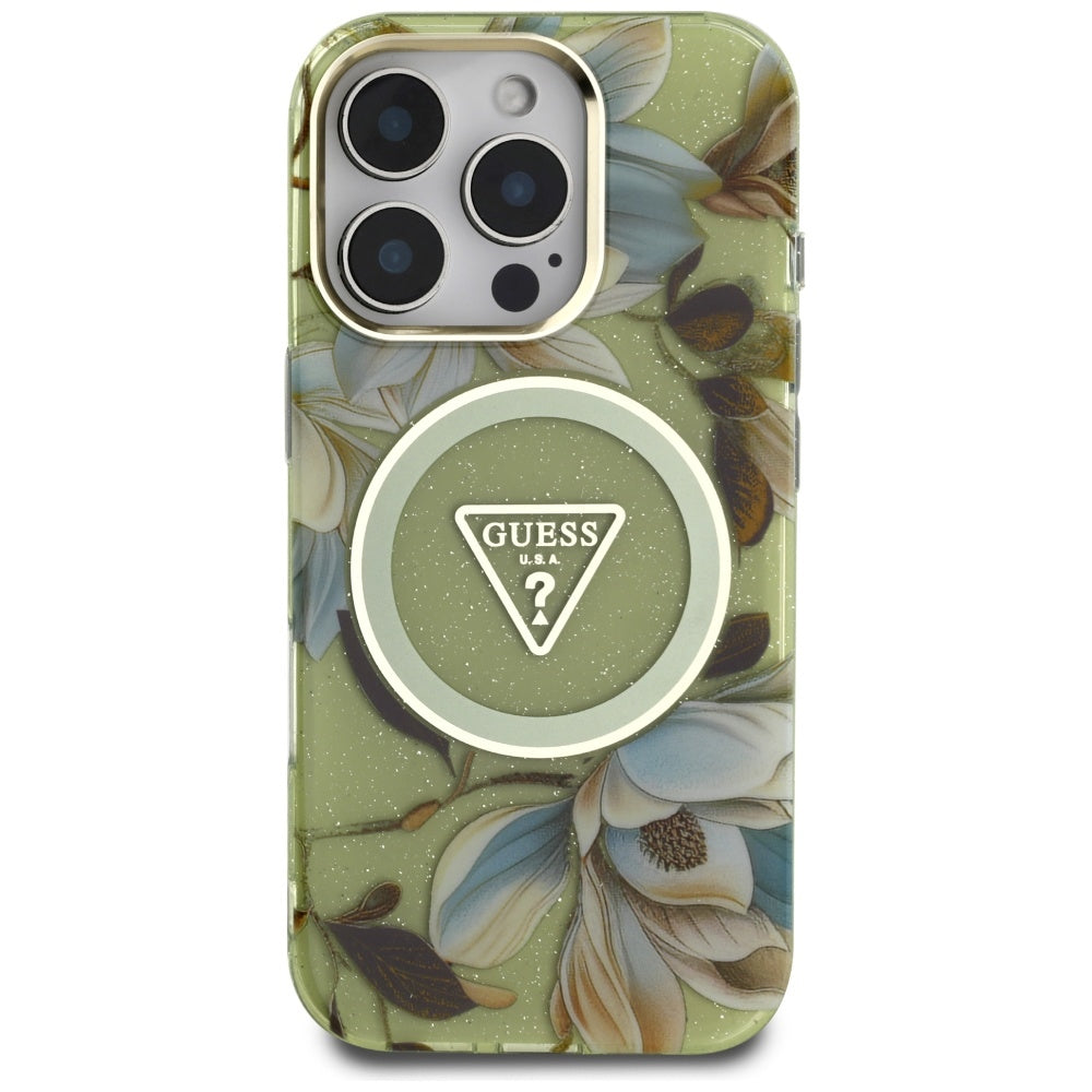 Ovitek MagSafe za Apple iPhone 16 Pro Max, Guess, IML Metal Glitter Flowers Triangle, zelen