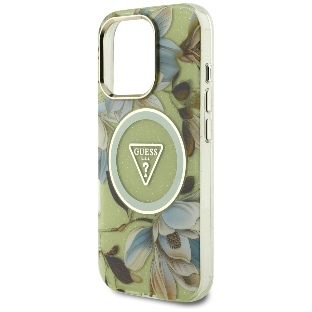 Ovitek MagSafe za Apple iPhone 16 Pro Max, Guess, IML Metal Glitter Flowers Triangle, zelen