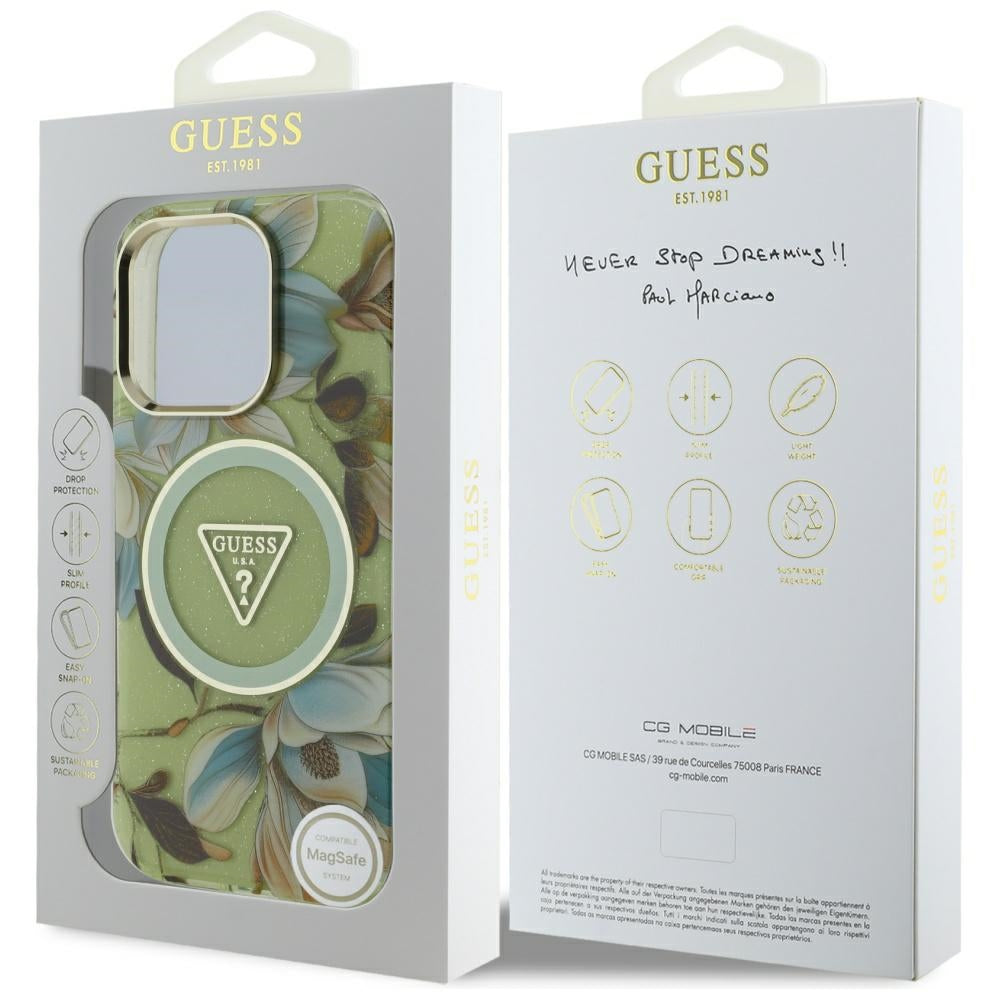 Ovitek MagSafe za Apple iPhone 16 Pro Max, Guess, IML Metal Glitter Flowers Triangle, zelen