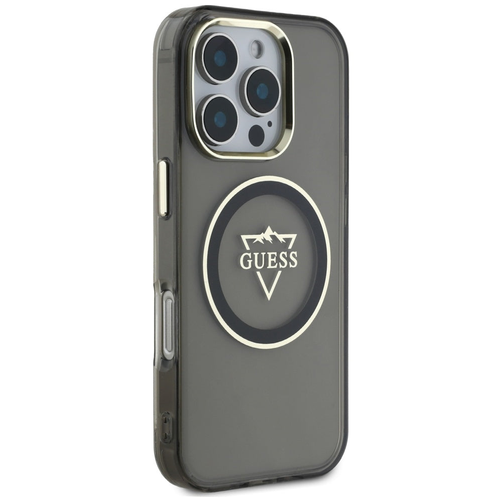 Ovitek MagSafe za Apple iPhone 16 Pro Max, Guess, IML Metal Mountain Logo, črn