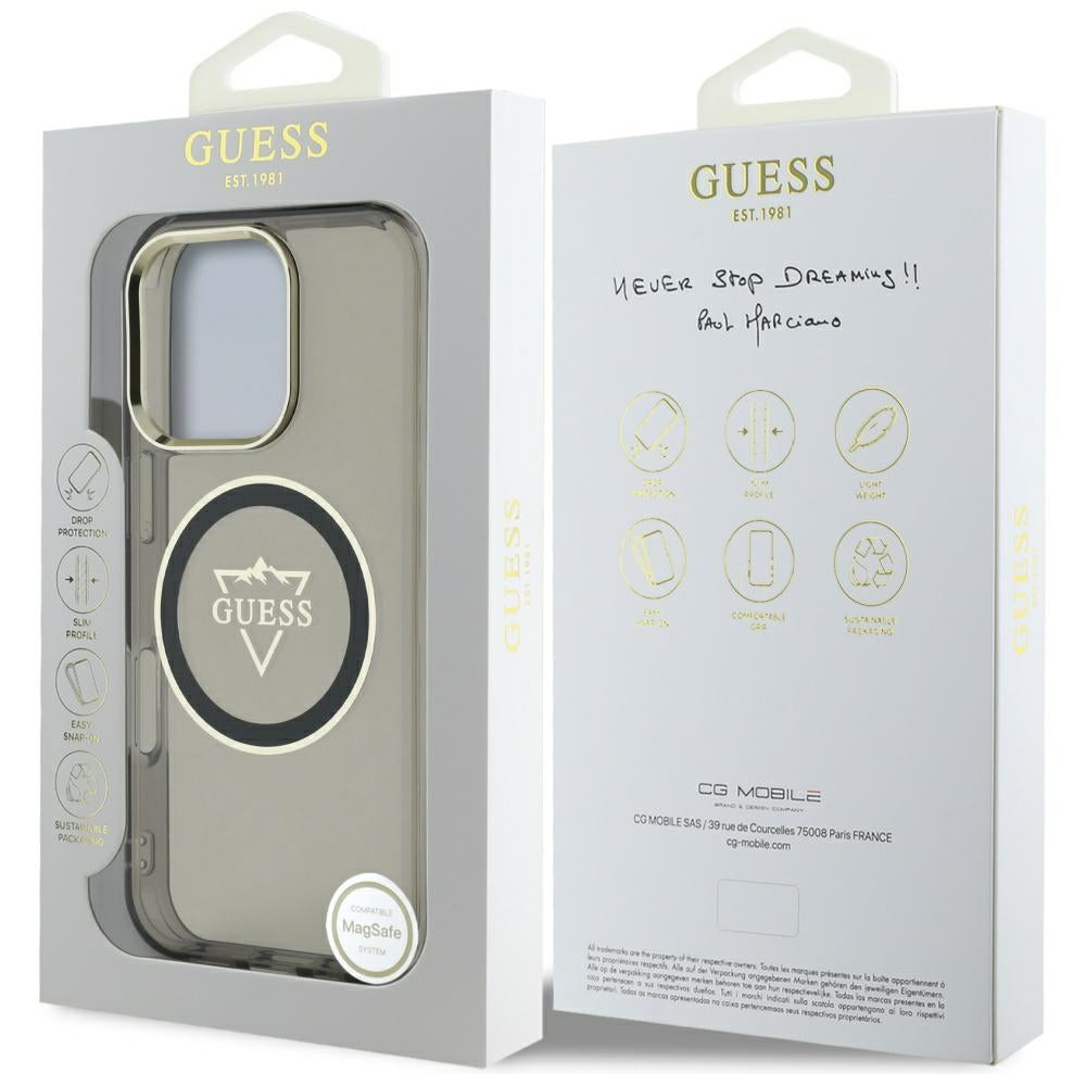 Ovitek MagSafe za Apple iPhone 16 Pro Max, Guess, IML Metal Mountain Logo, črn