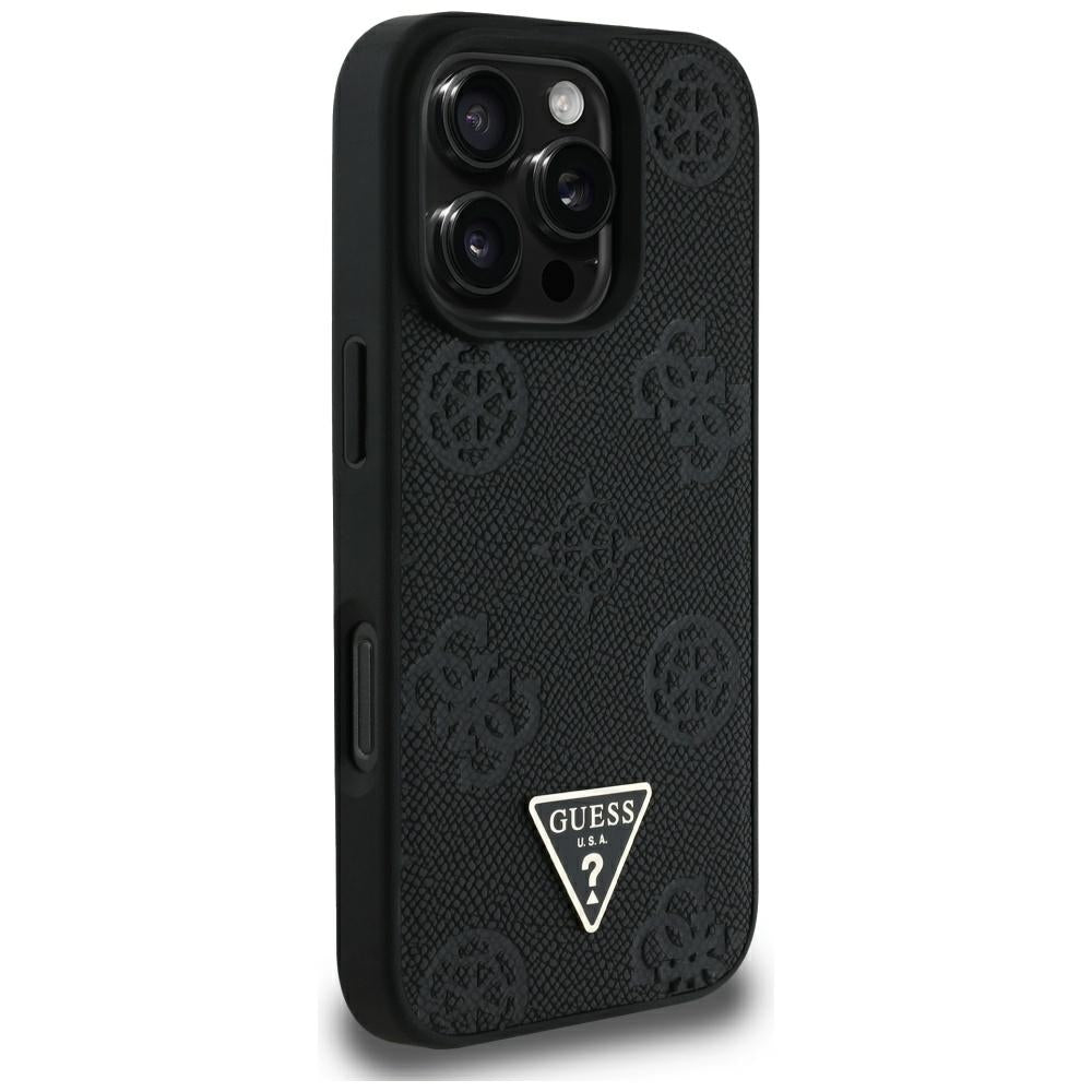 MagSafe ovitek za Apple iPhone 16 Pro Max, Guess, Peony Grained Hot Stamp Triangle, črn