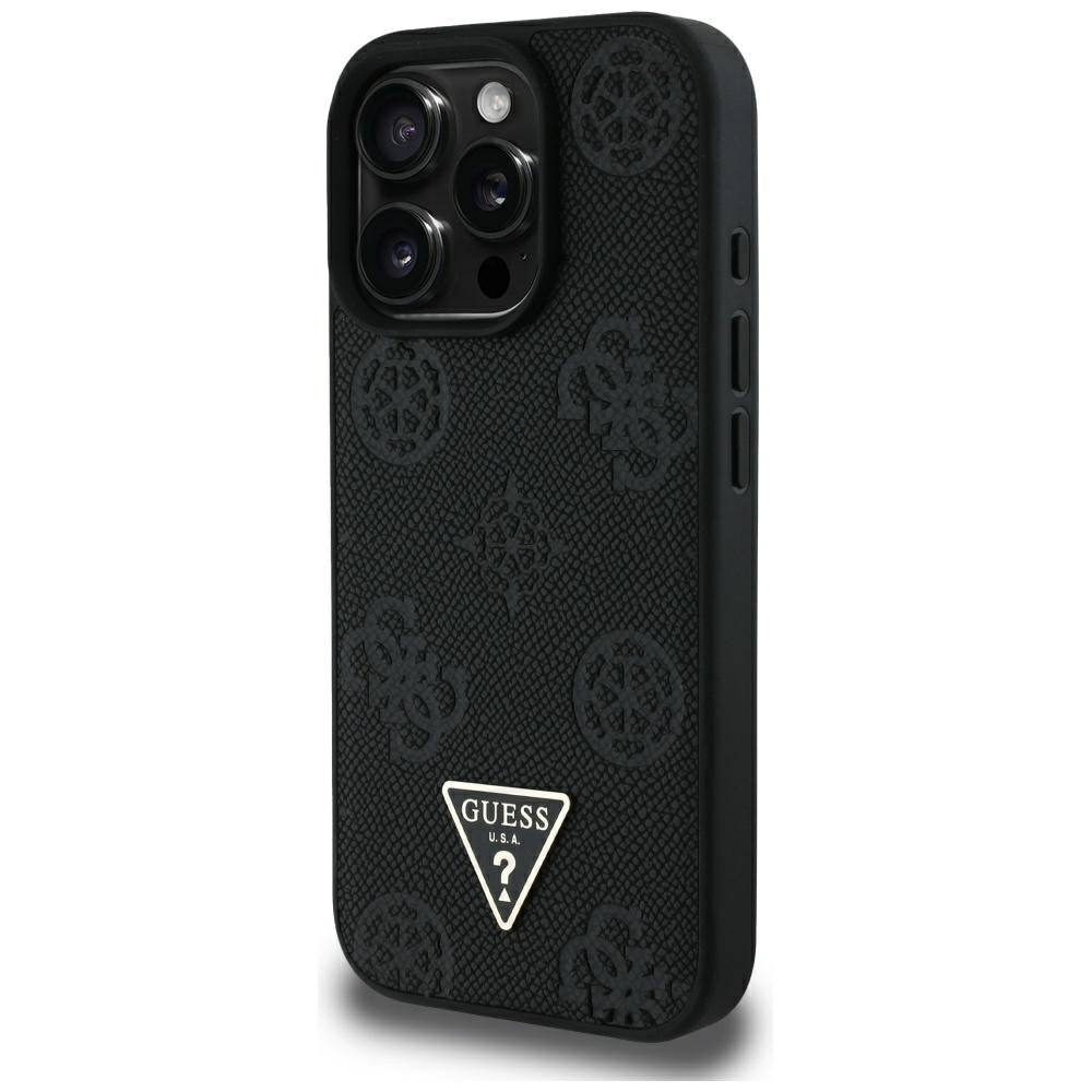 MagSafe ovitek za Apple iPhone 16 Pro Max, Guess, Peony Grained Hot Stamp Triangle, črn