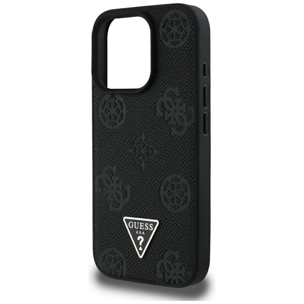 MagSafe ovitek za Apple iPhone 16 Pro Max, Guess, Peony Grained Hot Stamp Triangle, črn
