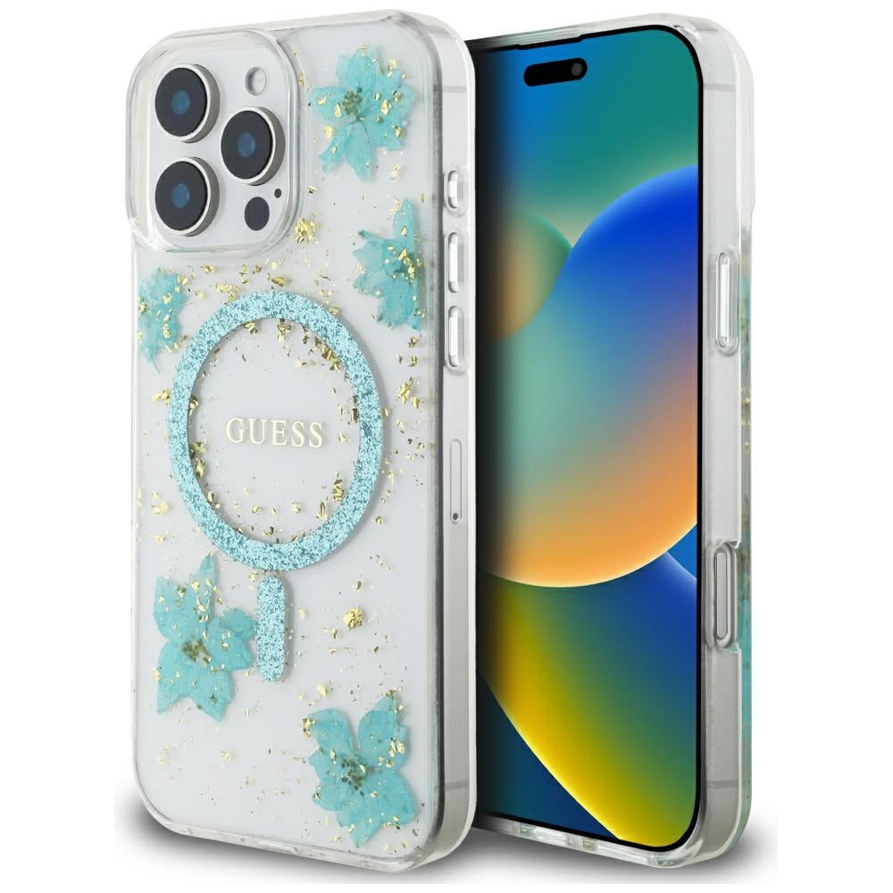Ovitek MagSafe za Apple iPhone 16 Pro Max, Guess, Resin Flowers and Glitter, Turkizna