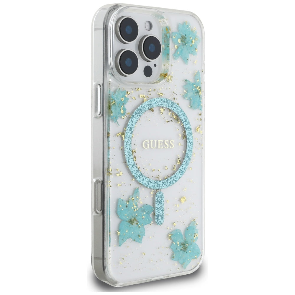 Ovitek MagSafe za Apple iPhone 16 Pro Max, Guess, Resin Flowers and Glitter, Turkizna