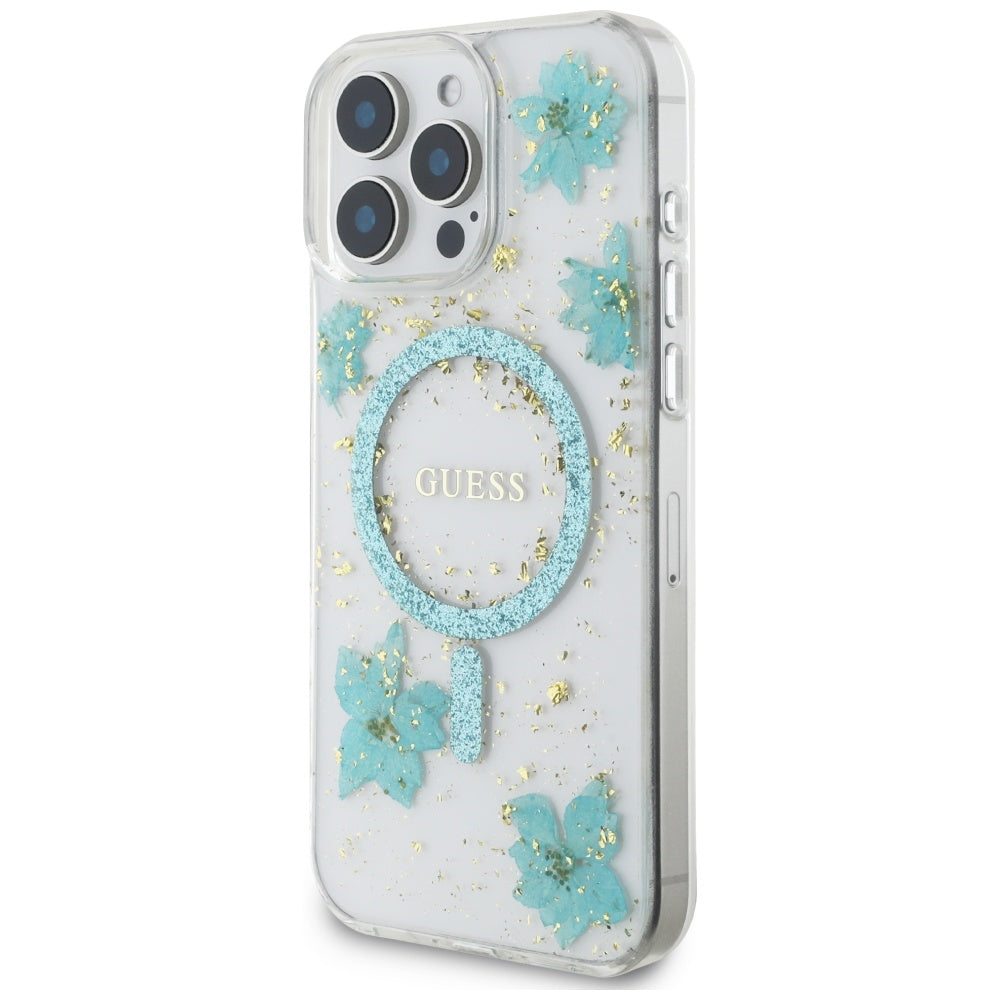 Ovitek MagSafe za Apple iPhone 16 Pro Max, Guess, Resin Flowers and Glitter, Turkizna