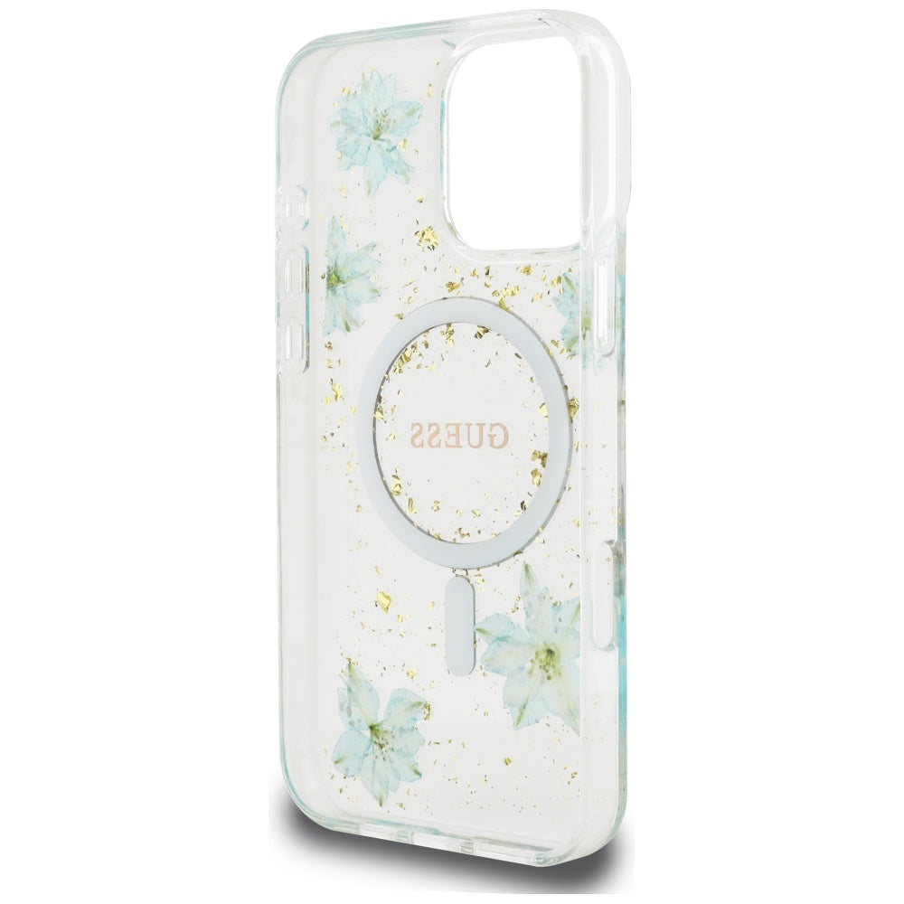 Ovitek MagSafe za Apple iPhone 16 Pro Max, Guess, Resin Flowers and Glitter, Turkizna