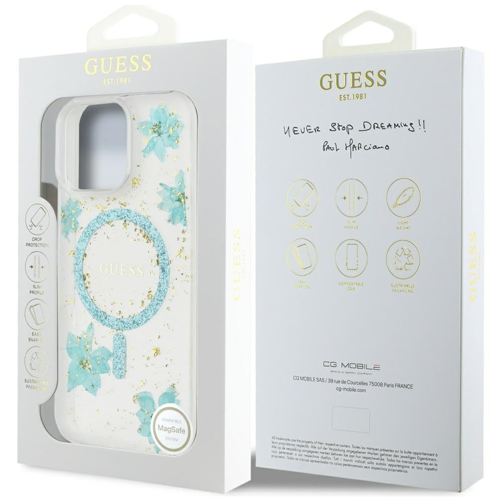 Ovitek MagSafe za Apple iPhone 16 Pro Max, Guess, Resin Flowers and Glitter, Turkizna
