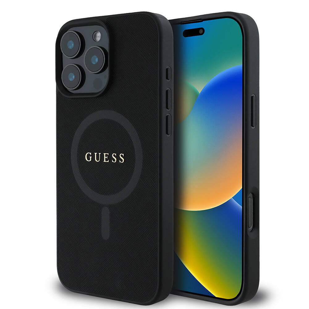 Ovitek MagSafe za Apple iPhone 16 Pro Max, Guess, Saffiano Classic Logo, črn