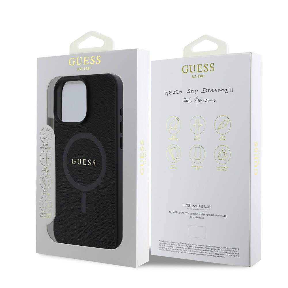 Ovitek MagSafe za Apple iPhone 16 Pro Max, Guess, Saffiano Classic Logo, črn