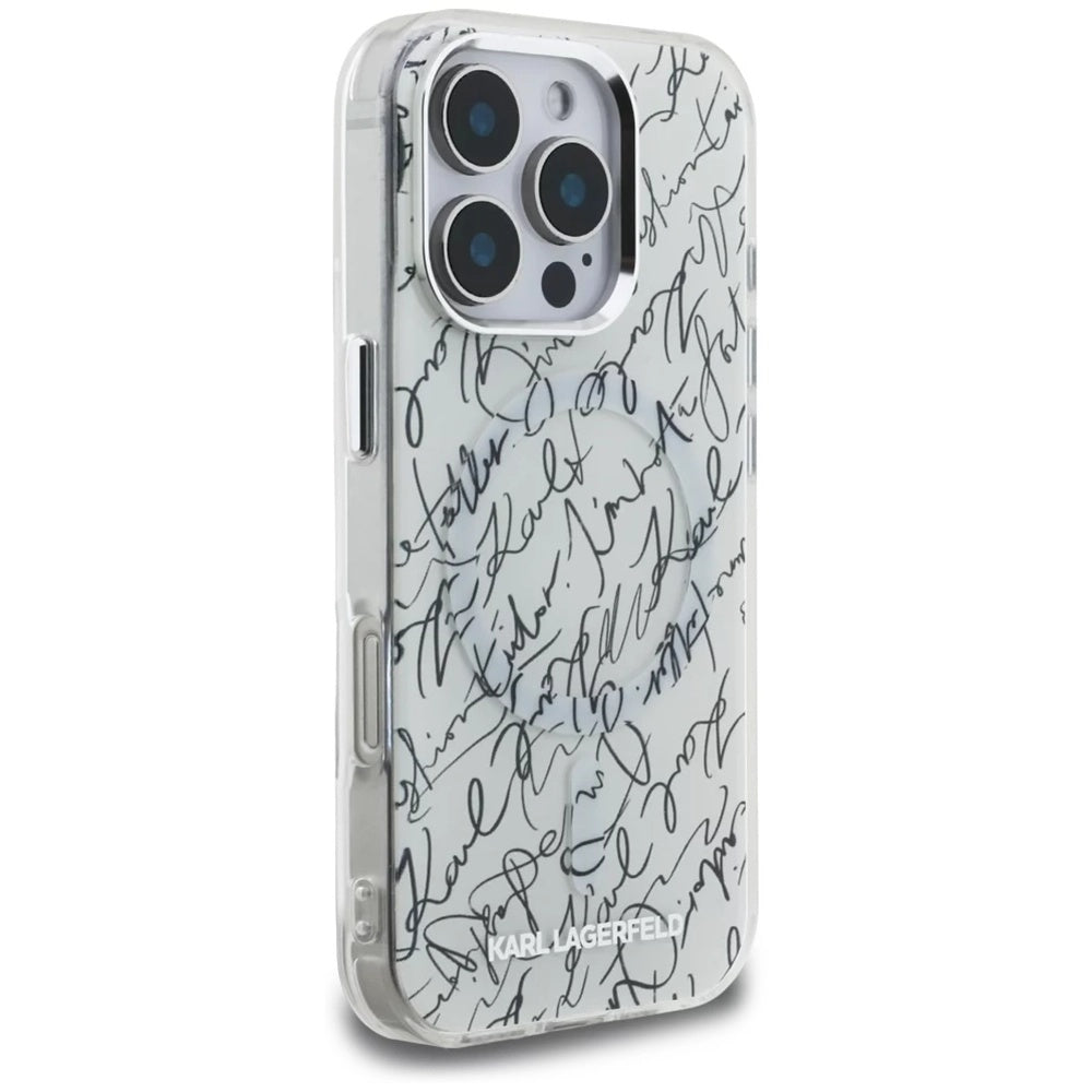 Ovitek MagSafe za Apple iPhone 16 Pro Max, Karl Lagerfeld, IML Karl Script Pattern, Bela