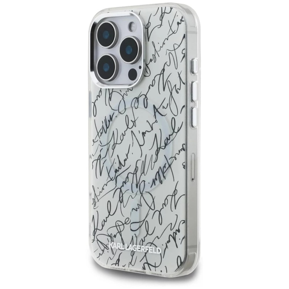 Ovitek MagSafe za Apple iPhone 16 Pro Max, Karl Lagerfeld, IML Karl Script Pattern, Bela