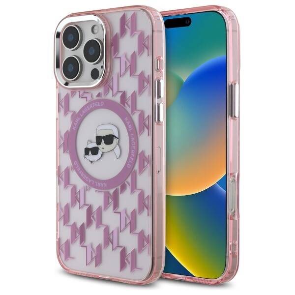 Ovitek MagSafe za Apple iPhone 16 Pro Max, Karl Lagerfeld, IML Monogram Karl & Choupette's Heads, Roza