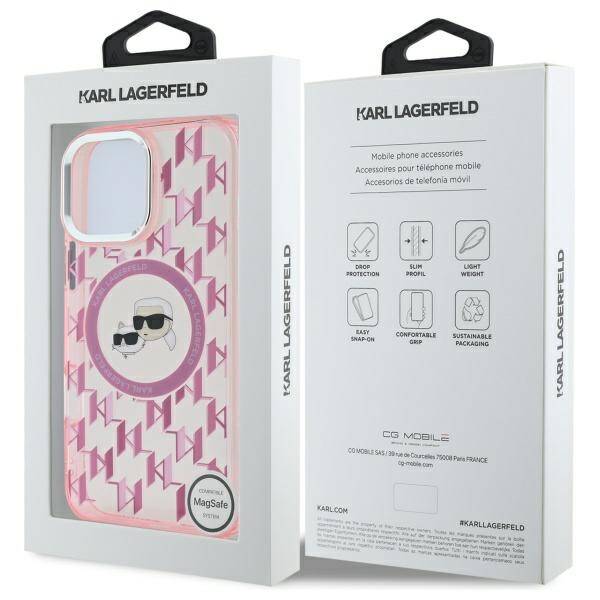 Ovitek MagSafe za Apple iPhone 16 Pro Max, Karl Lagerfeld, IML Monogram Karl & Choupette's Heads, Roza