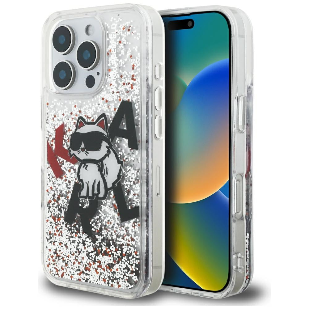 Ovitek MagSafe za Apple iPhone 16 Pro Max, Karl Lagerfeld, Liquid Glitter Choupette Logo, Prozoren