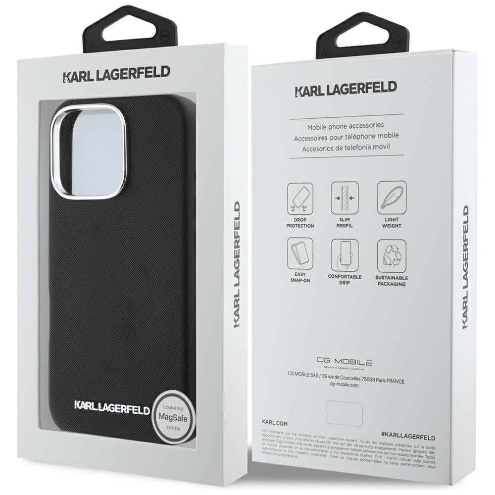 Ovitek MagSafe za Apple iPhone 16 Pro Max, Karl Lagerfeld, Saffiano Full Wrapped Elongated Metal Logo, črn