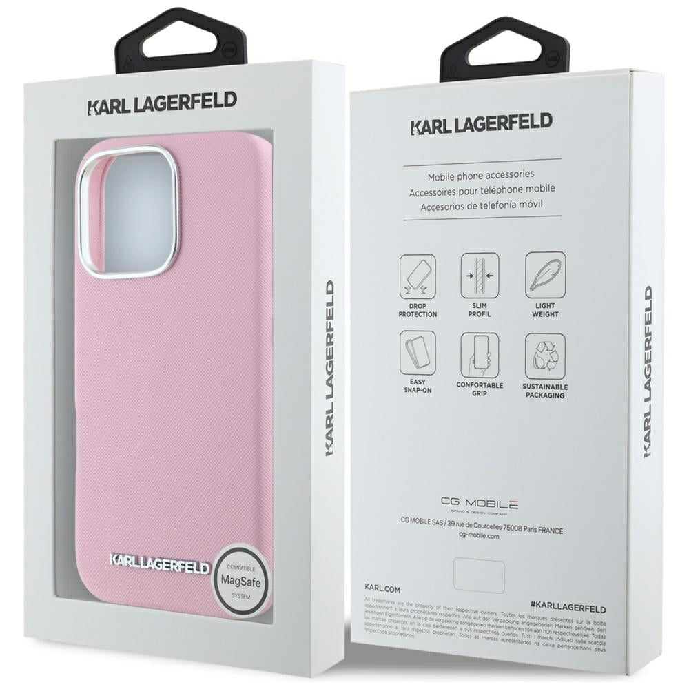 Ovitek MagSafe za Apple iPhone 16 Pro Max, Karl Lagerfeld, Saffiano Full Wrapped Elongated Metal Logo, Roza