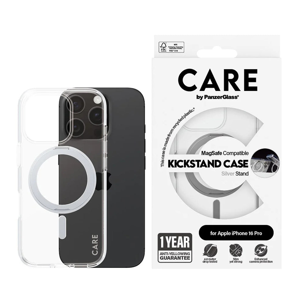 Ovitek MagSafe za Apple iPhone 16 Pro, PanzerGlass, Care Feature Kickstand, Srebrno prozoren