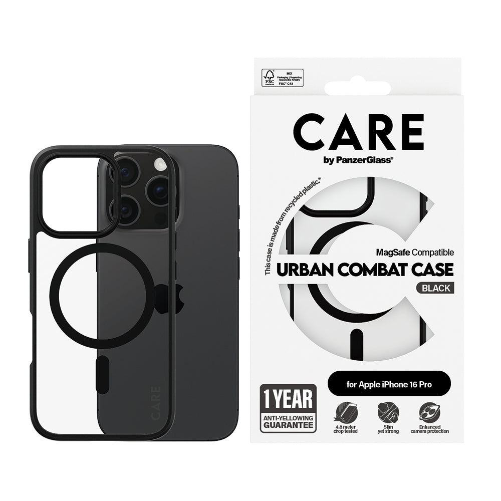 Ovitek MagSafe za Apple iPhone 16 Pro, PanzerGlass, Care Urban Combat, Prozorno Črn