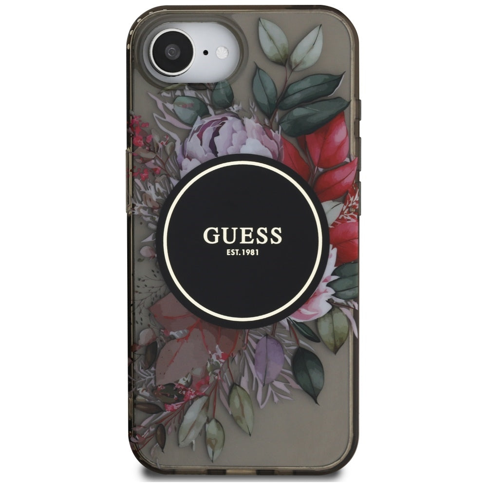 MagSafe ovitek za Apple iPhone 17e / 16e, Guess, IML Flowers, Črna