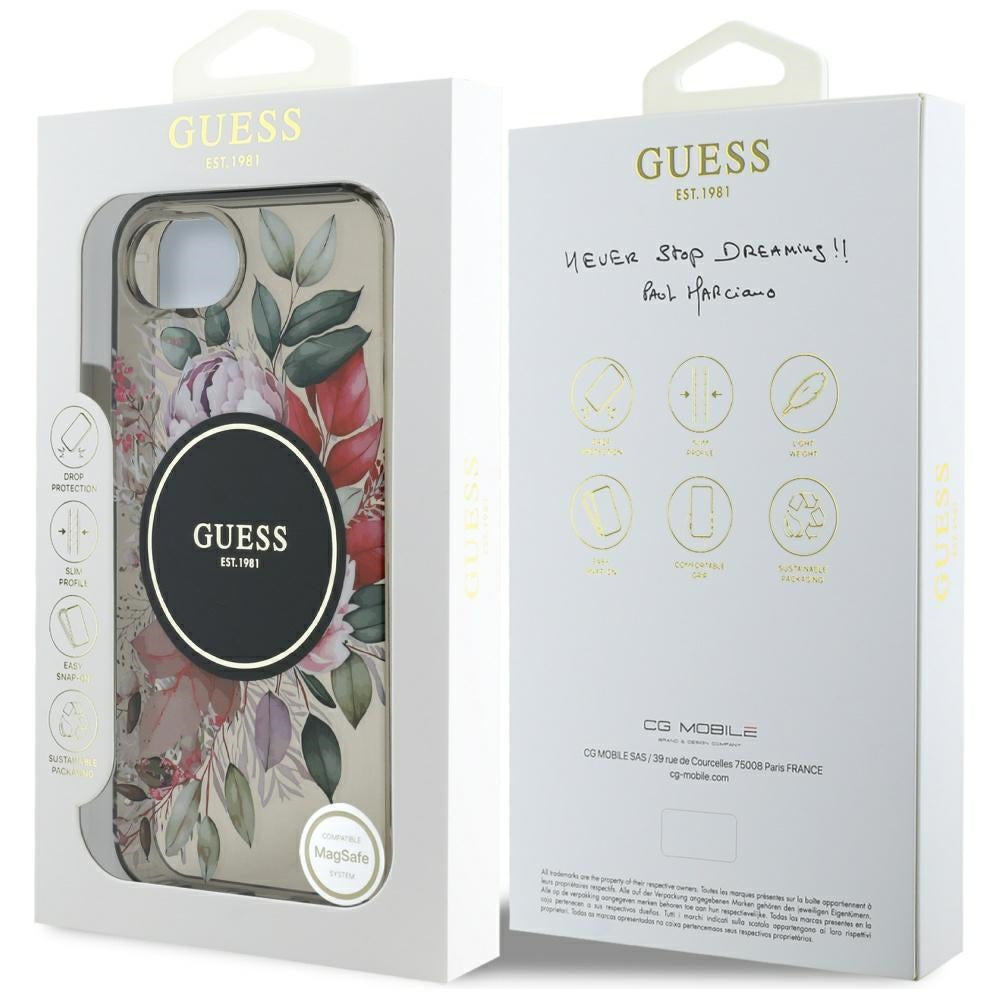 MagSafe ovitek za Apple iPhone 17e / 16e, Guess, IML Flowers, Črna