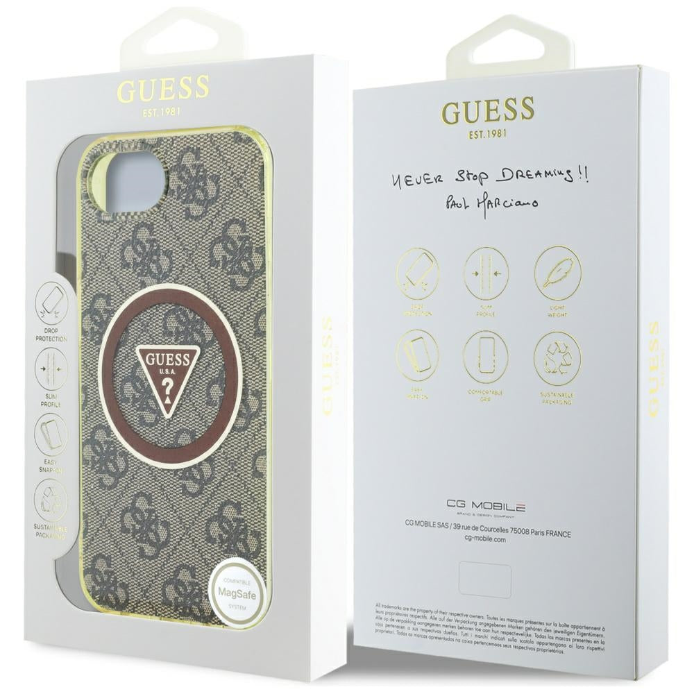 Ovitek MagSafe za Apple iPhone 17e / 16e, Guess, IML Glitter 4G Circle Triangle, rjava