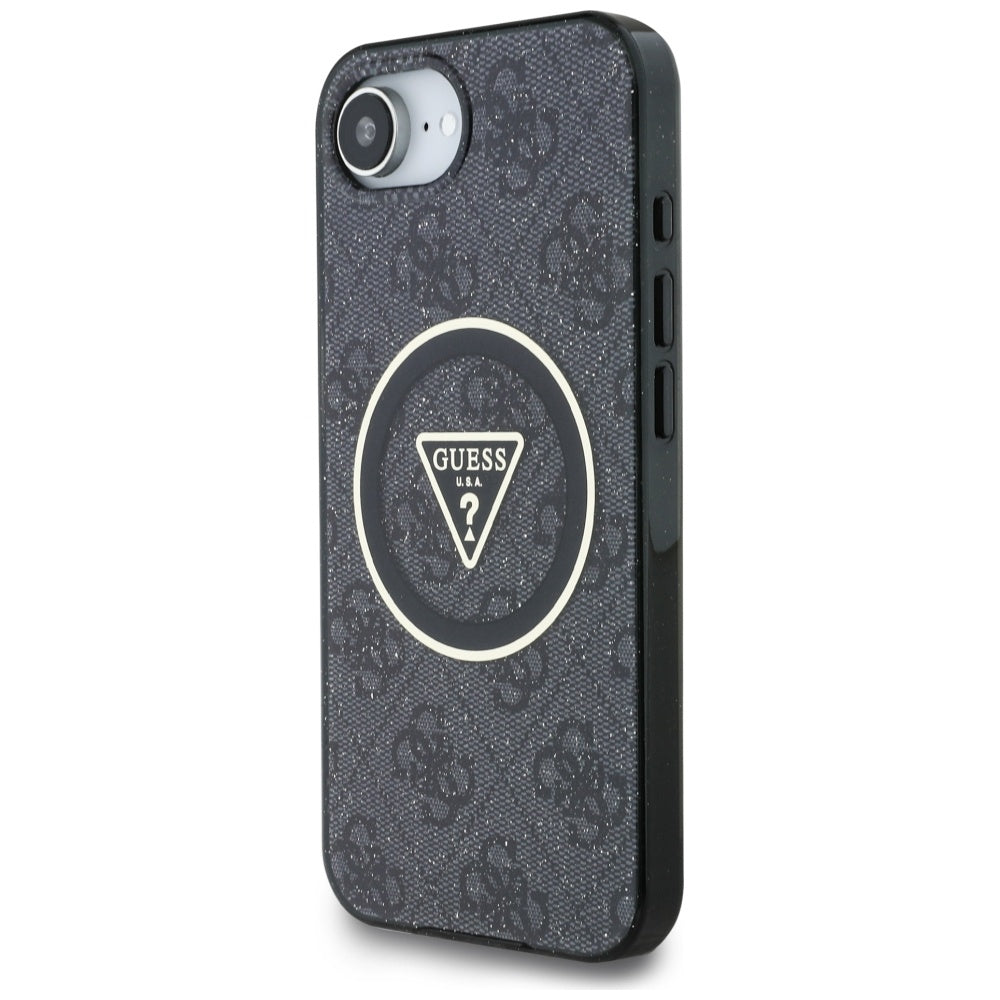 Ovitek MagSafe za Apple iPhone 17e / 16e, Guess, IML Glitter 4G Circle Triangle, črn