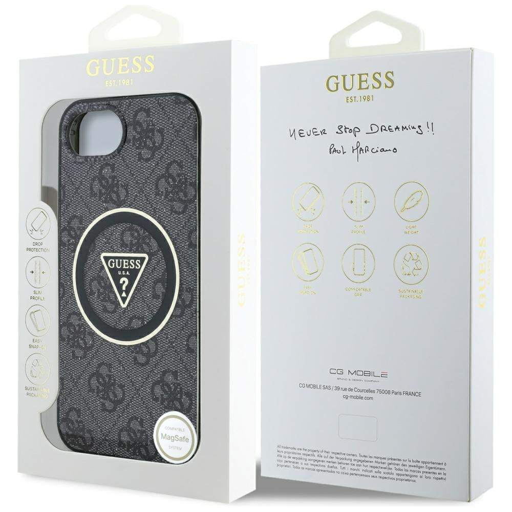Ovitek MagSafe za Apple iPhone 17e / 16e, Guess, IML Glitter 4G Circle Triangle, črn