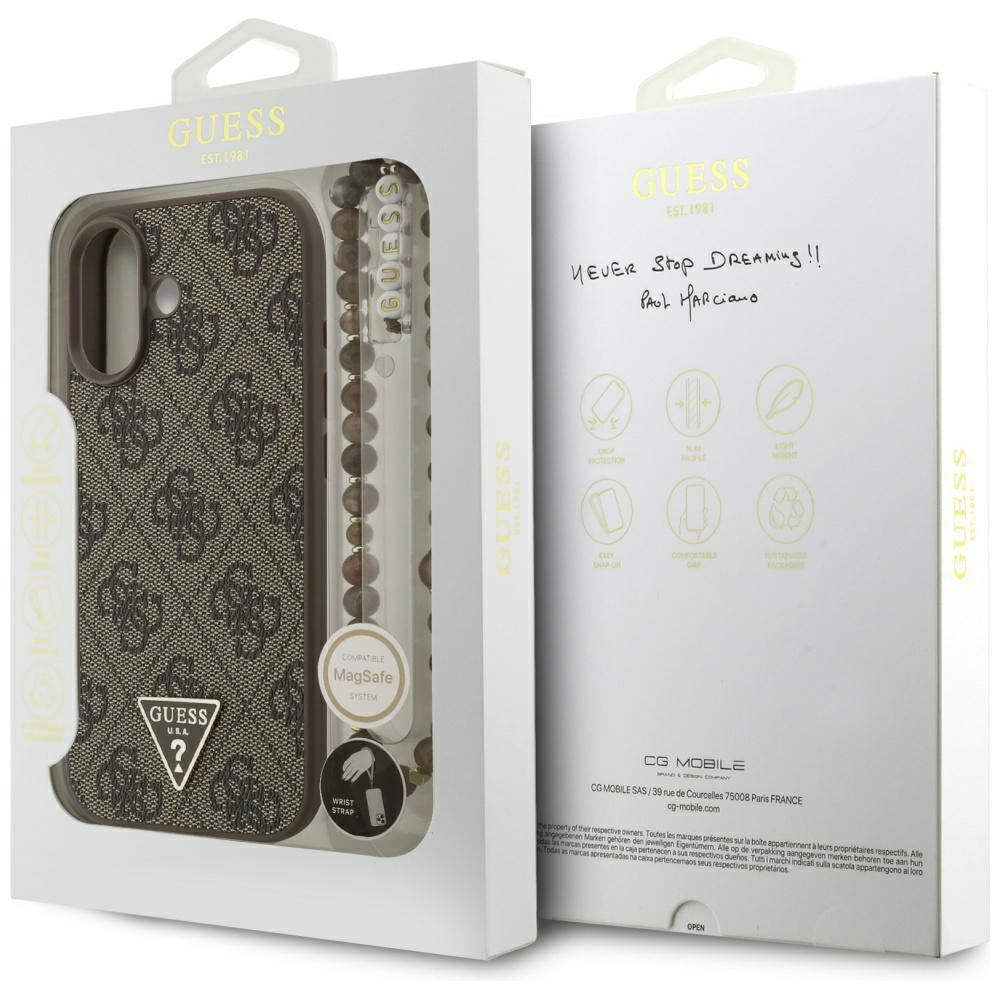 MagSafe Case for Apple iPhone 17, Guess, 4G Triangle Logo Cord Strap, Brown