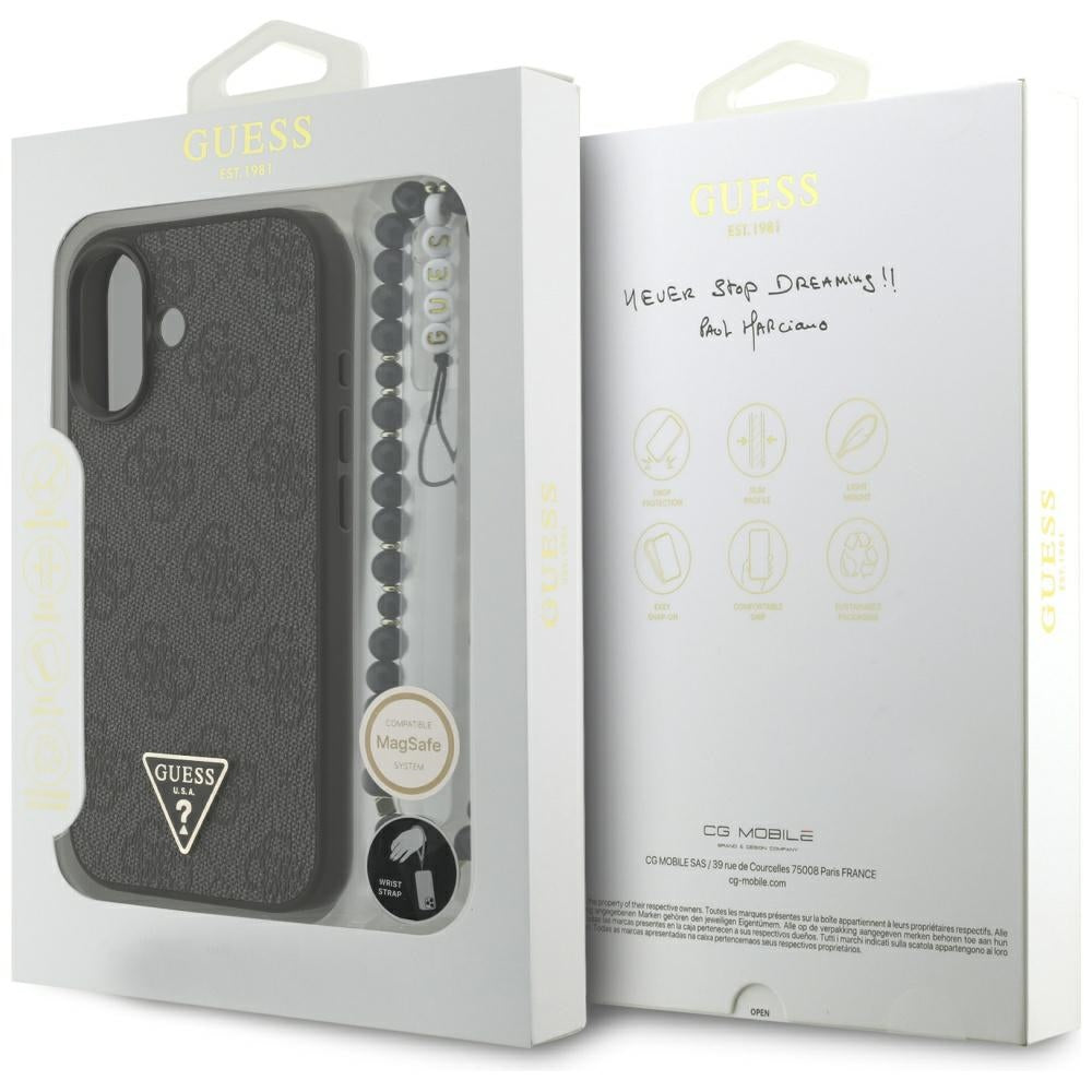 MagSafe ovitek za Apple iPhone 17, Guess, 4G Triangle Logo with Cord Strap, črn