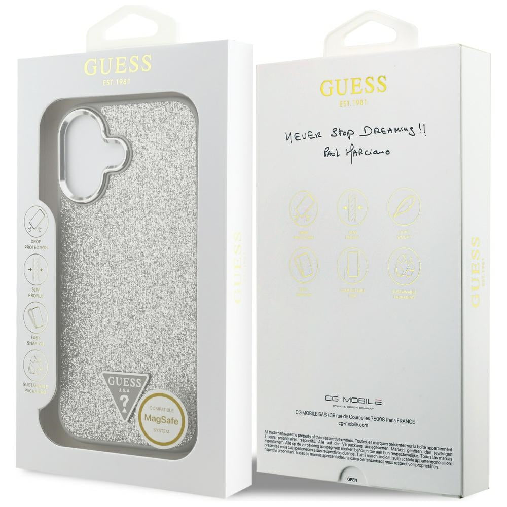 Ovitek MagSafe za Apple iPhone 17, Guess, Glitter Triangle Logo, Srebrn