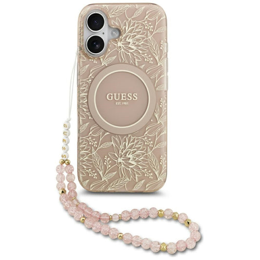 Ovitek MagSafe za Apple iPhone 17, Guess, IML Flowers Allover Electroplated with Pearl Strap, Črna