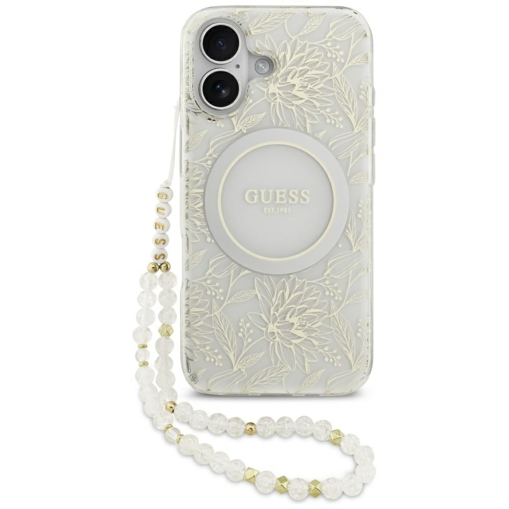 Ovitek MagSafe za Apple iPhone 17, Guess, IML Flowers with Pearl Strap, Bela
