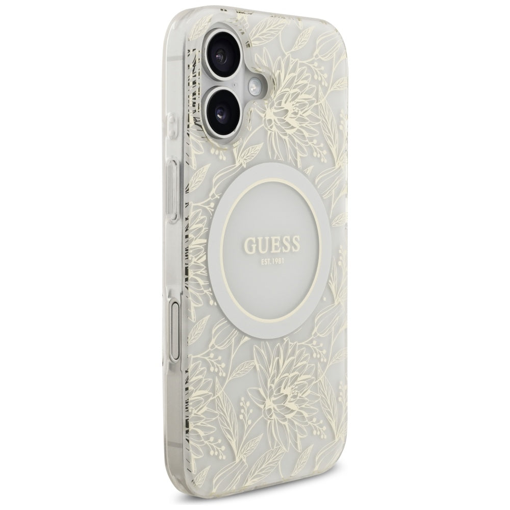 Ovitek MagSafe za Apple iPhone 17, Guess, IML Flowers with Pearl Strap, Bela