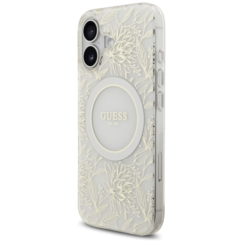 Ovitek MagSafe za Apple iPhone 17, Guess, IML Flowers with Pearl Strap, Bela