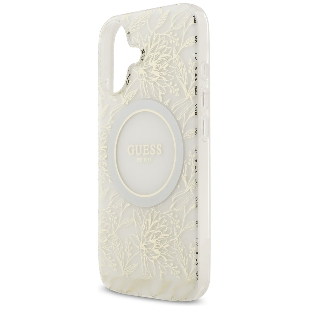 Ovitek MagSafe za Apple iPhone 17, Guess, IML Flowers with Pearl Strap, Bela