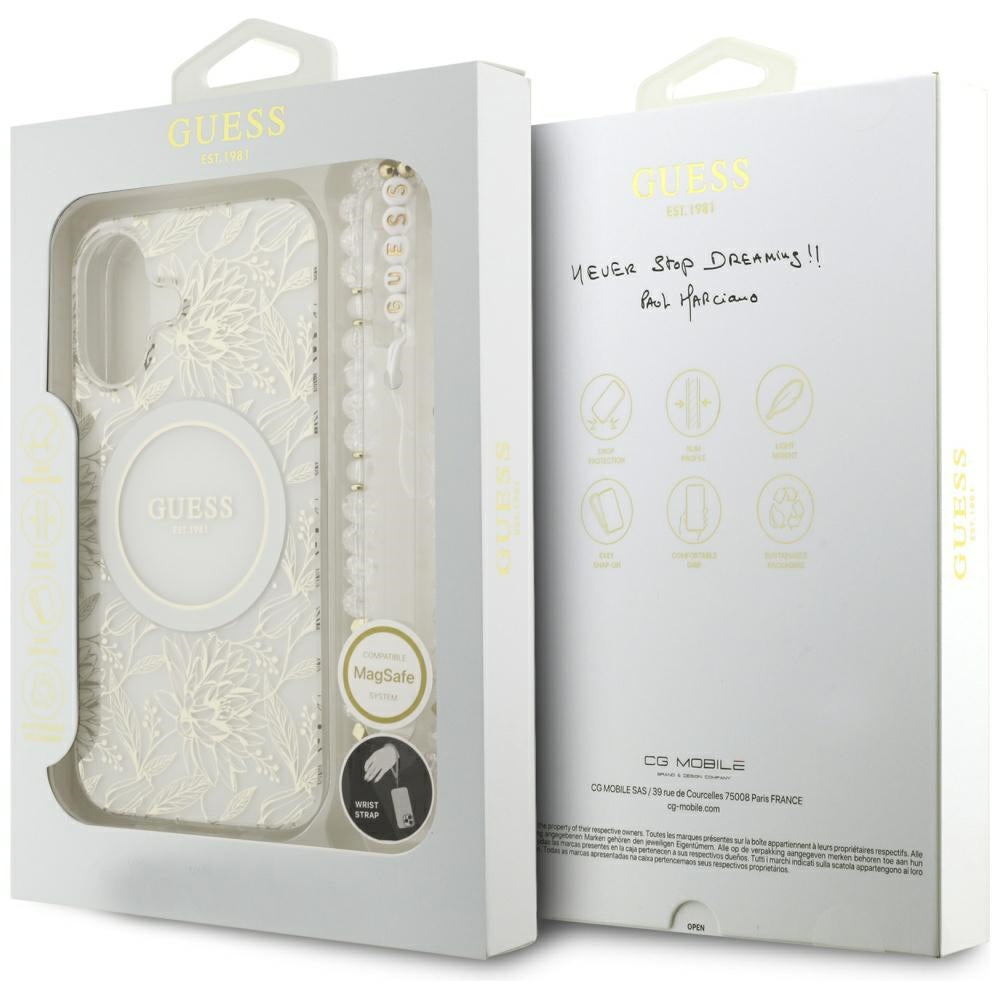Ovitek MagSafe za Apple iPhone 17, Guess, IML Flowers with Pearl Strap, Bela