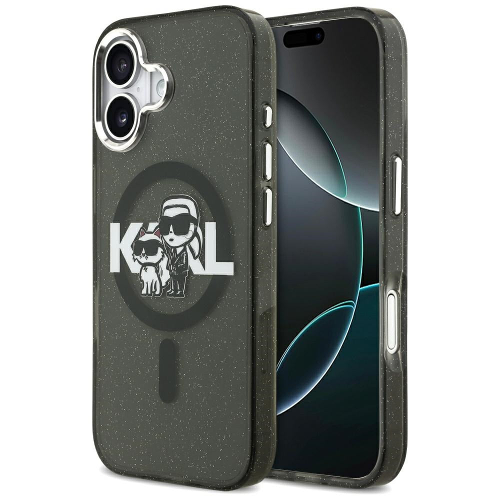 Ovitek MagSafe za Apple iPhone 17, Karl Lagerfeld, IML Sketch Logo Glitter Karl & Choupette, Črn