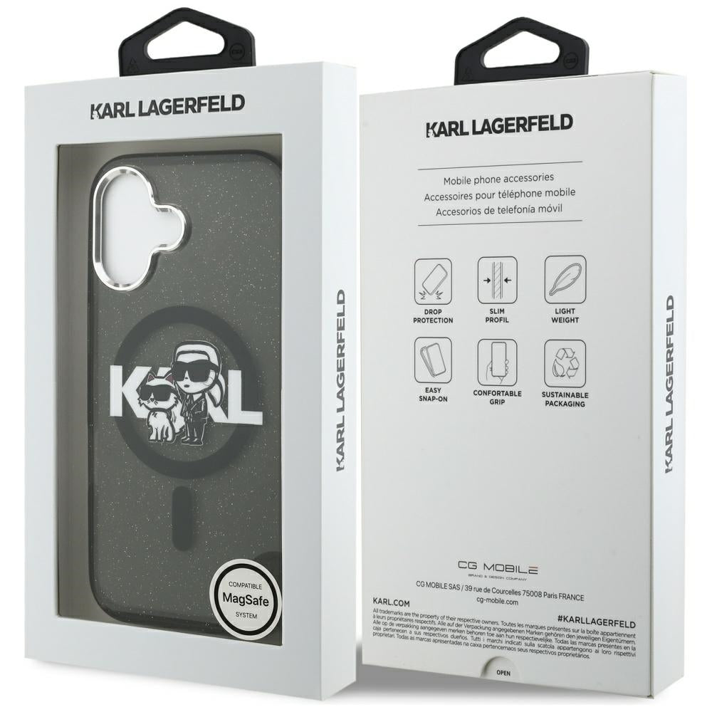 Ovitek MagSafe za Apple iPhone 17, Karl Lagerfeld, IML Sketch Logo Glitter Karl & Choupette, Črn