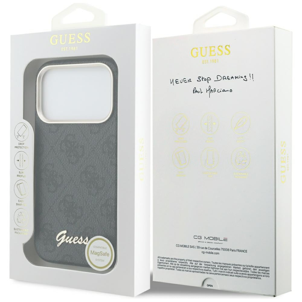 Ovitek MagSafe za Apple iPhone 17 Pro, Guess, 4G Script Logo, črn