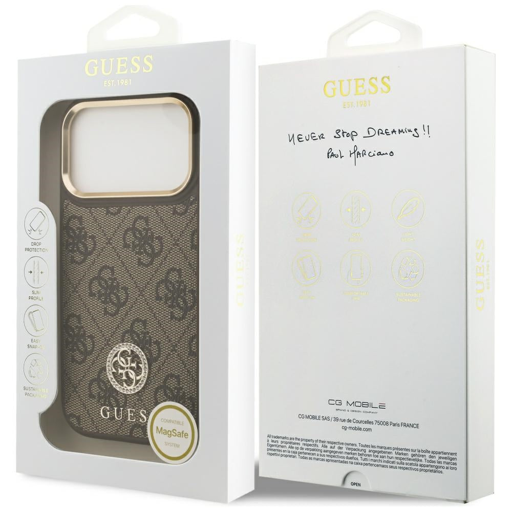 MagSafe ovitek za Apple iPhone 17 Pro, Guess, 4G Strass Logo, rjava