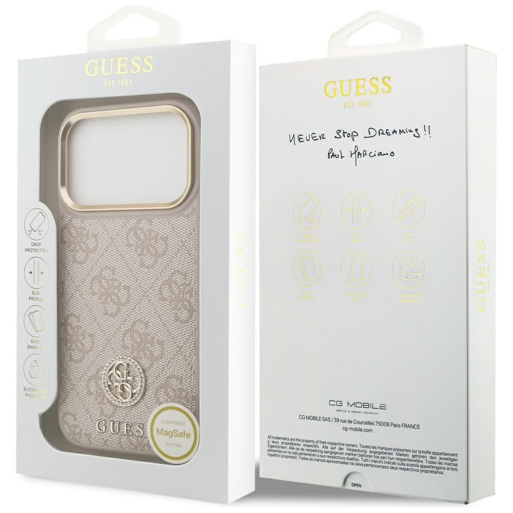 MagSafe ovitek za Apple iPhone 17 Pro, Guess, 4G Strass Logo, Roza