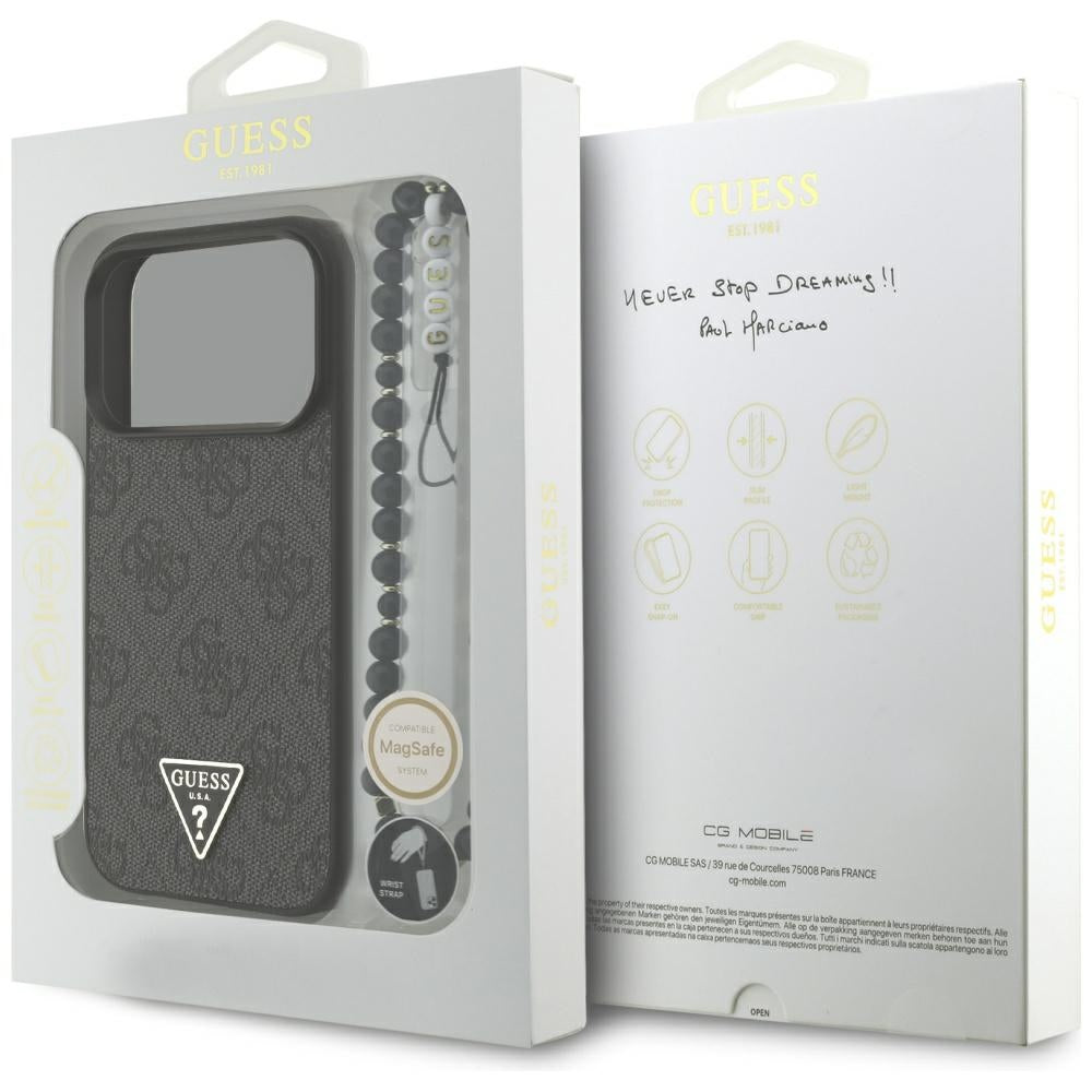 Ovitek MagSafe za Apple iPhone 17 Pro, Guess, 4G Triangle Logo with Cord Strap, črn