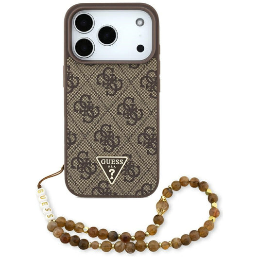 MagSafe ovitek za Apple iPhone 17 Pro, Guess, 4G Triangle Logo with Pearl Strap, rjava