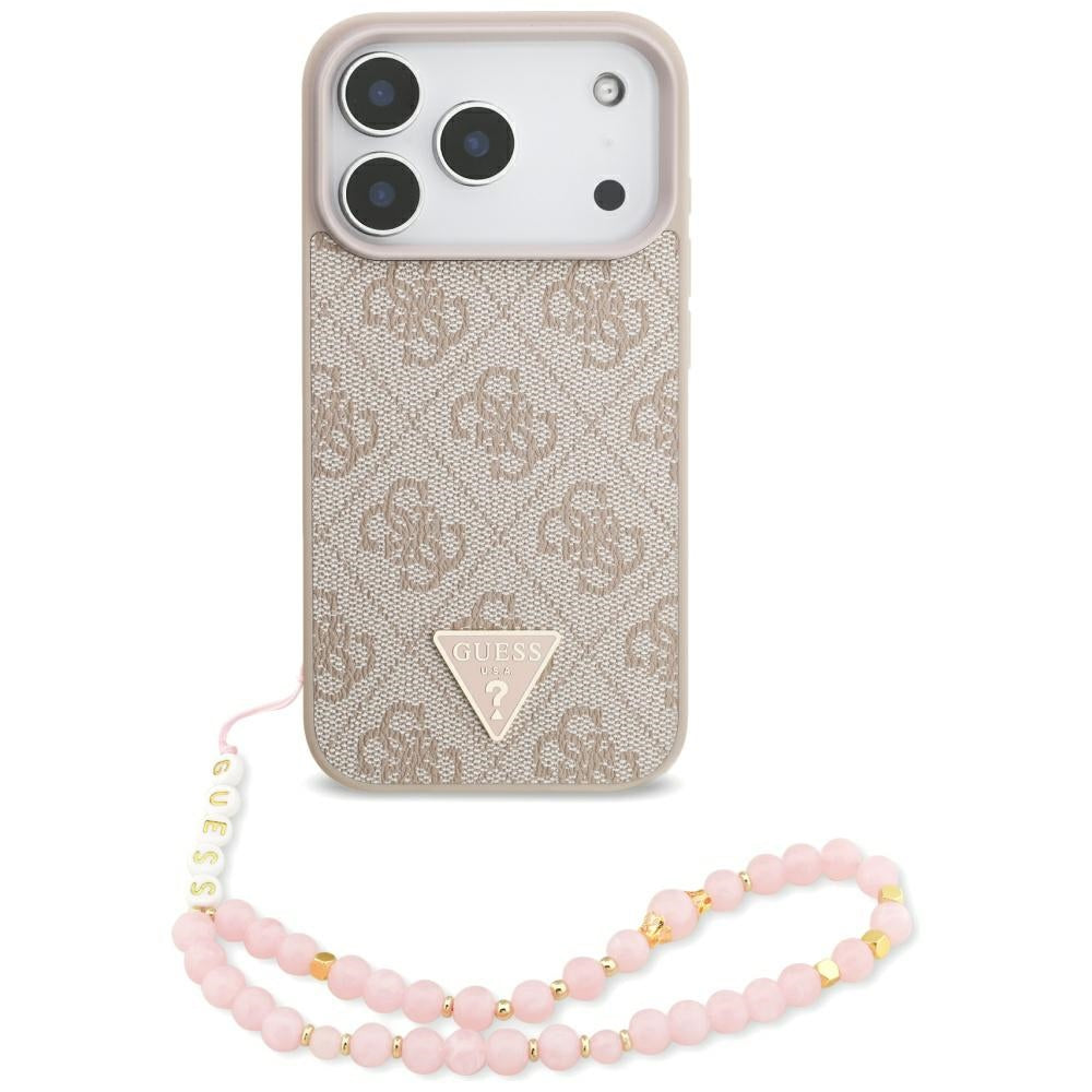 MagSafe ovitek za Apple iPhone 17 Pro, Guess, 4G Triangle Logo with Pearl Strap, Roza