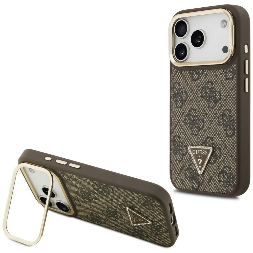 Ovitek MagSafe za Apple iPhone 17 Pro, Guess, 4G Triangle Logo with Stand Camera, Zlato rjava